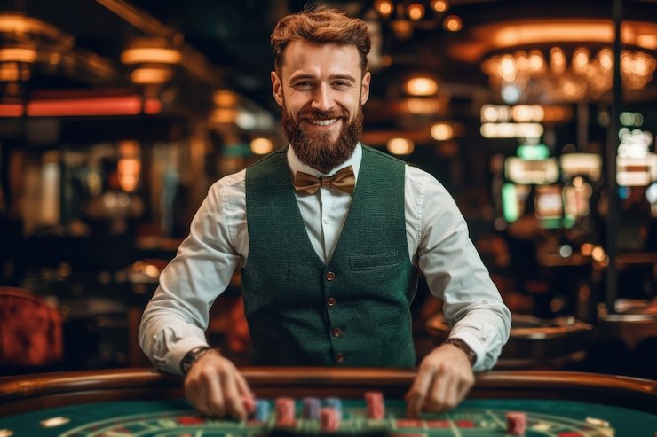 Seorang pemain casino live tersenyum menikmati permainan bersama dealer profesional